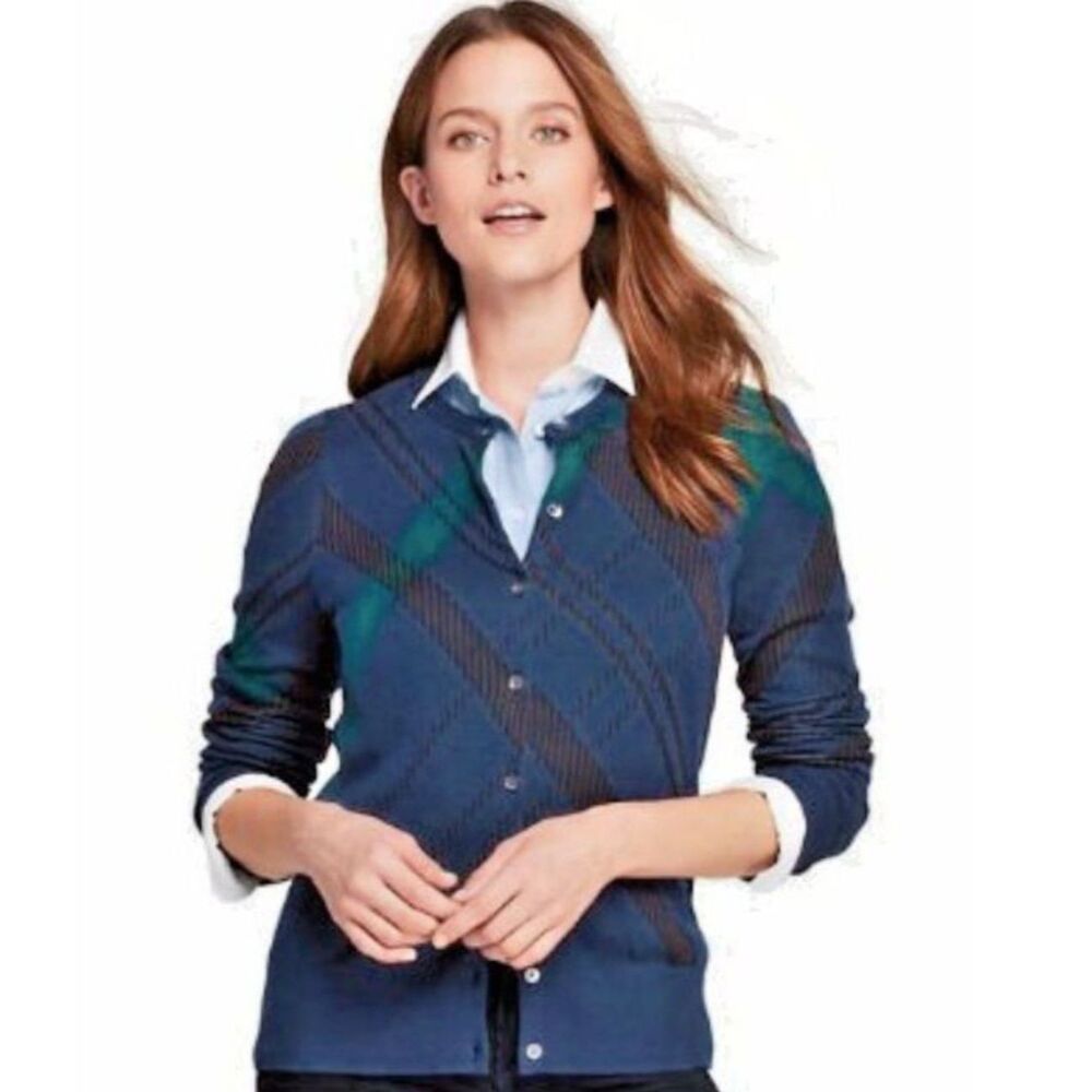 LANDS END Blackwatch Plaid Cardigan Sweater Womens Sz 1X Button Up Supima Cotton
